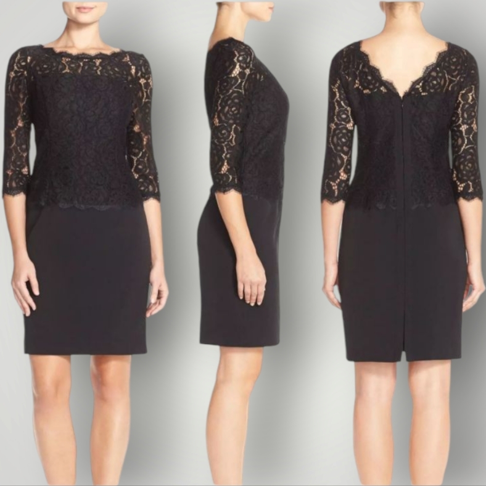 Adrianna Papell Dress Womens 8 Black Lace Overlay Floral Patterns 3/4 Sleeves‎